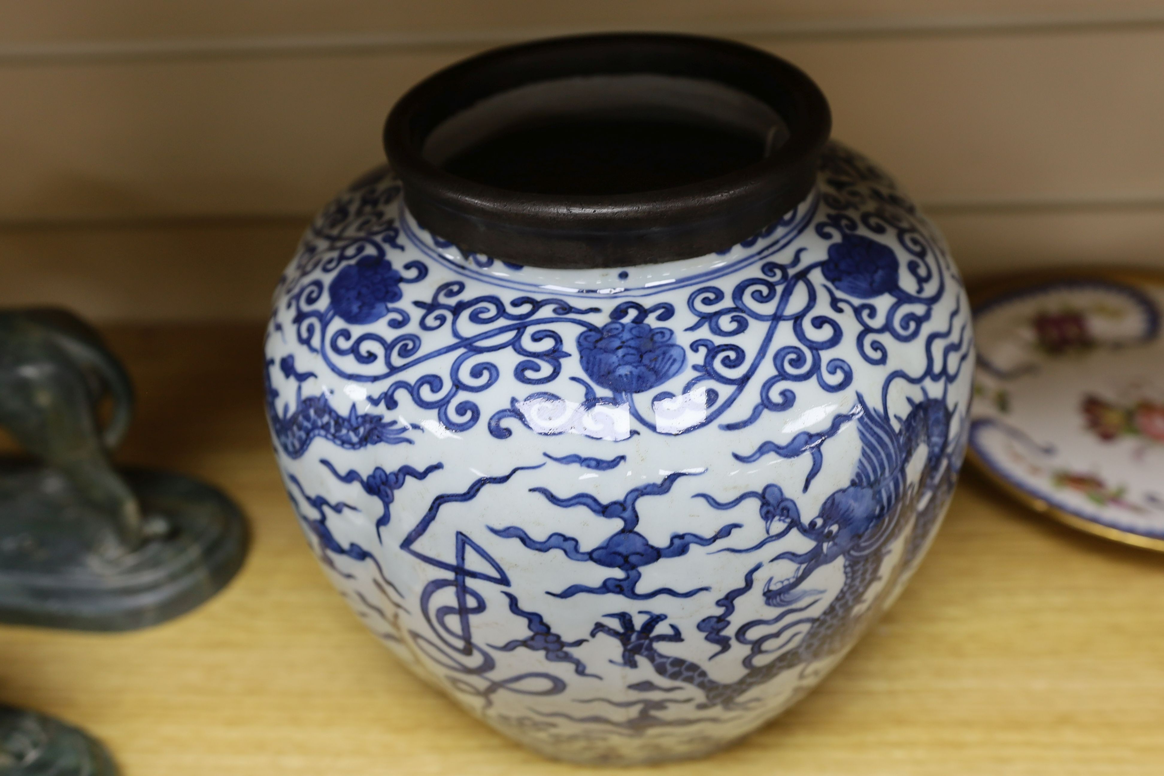 A Chinese blue and white ‘dragon jar, Wanli mark and possibly of the period, 23 cm high